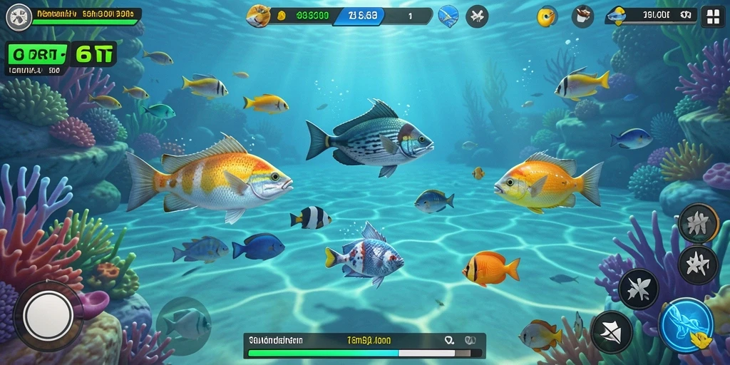 Screenshot utama 6RT menampilkan aksi seru menangkap ikan.
