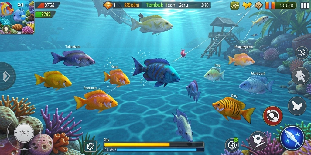 Screenshot dari gameplay 8768, menunjukkan aksi seru menembak ikan.