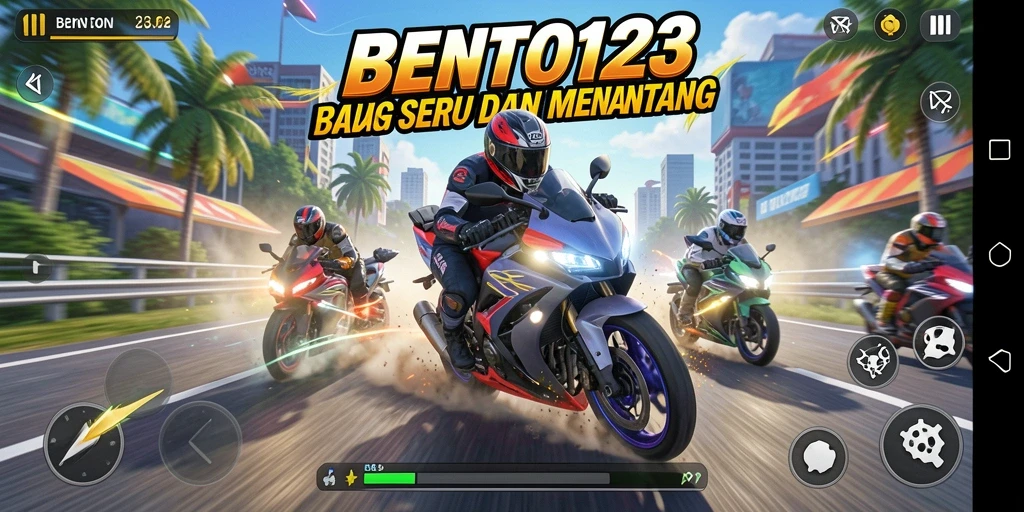 Tampilan gameplay <strong>BENTO123</strong> yang mendebarkan dengan balapan motor cepat.