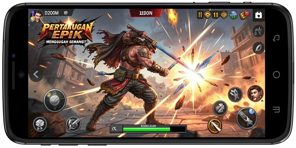 Screenshot D200M menampilkan pertarungan dinamis dan karakter yang menakjubkan.