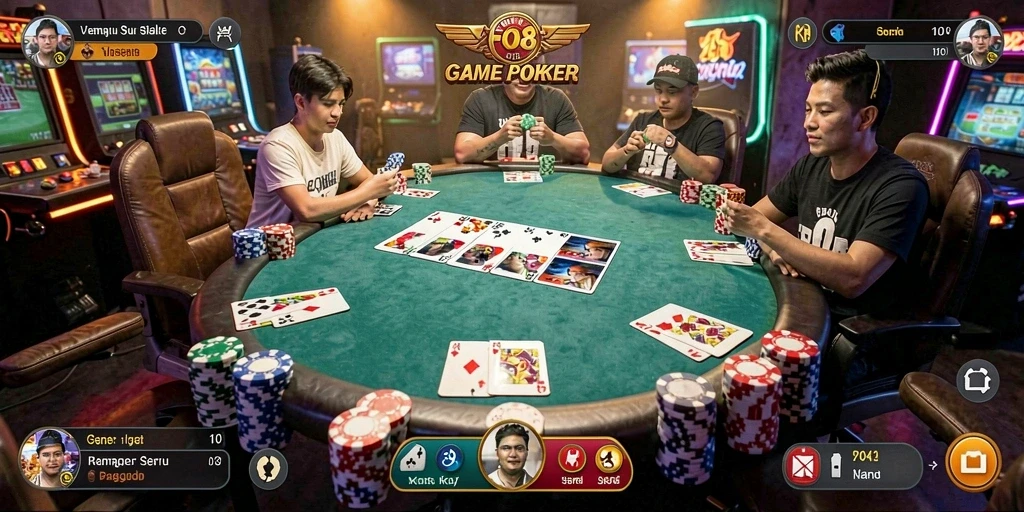 Screenshot gameplay FO8 menampilkan suasana Poker yang intens.