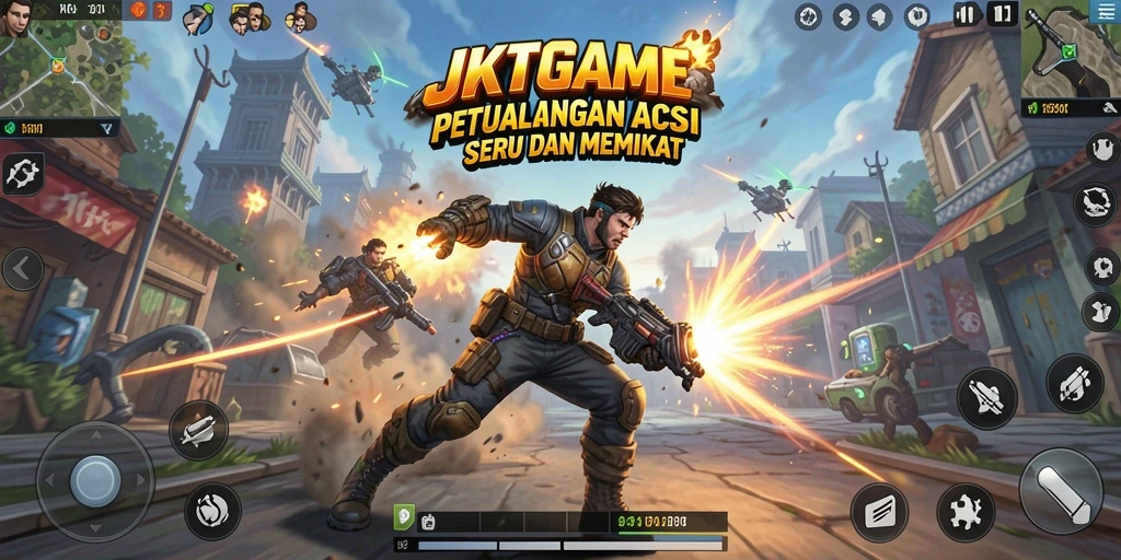 Screenshot utama JKTGAME menampilkan aksi pertempuran yang mendebarkan.