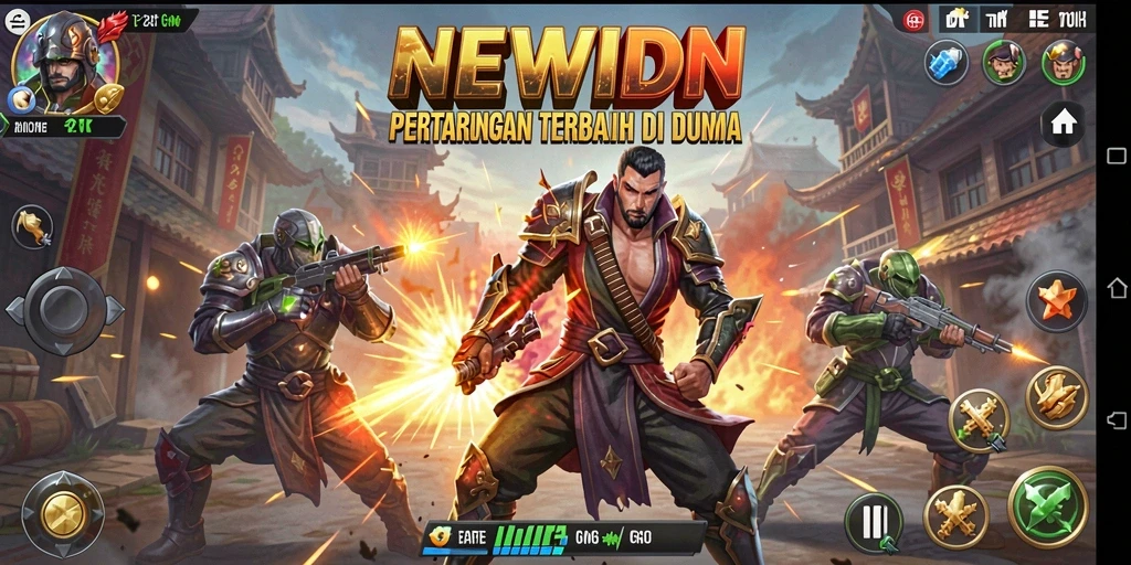 Screenshot gameplay menunjukkan pertarungan intens di arena yang menegangkan.