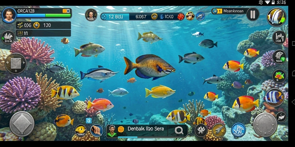 Screenshot permainan ORCA128 yang menunjukkan aksi menembak ikan.