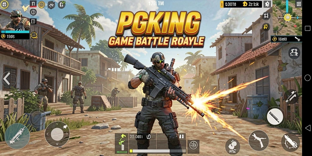 Screenshot PGKING menampilkan pertempuran seru di arena Battle Royale.