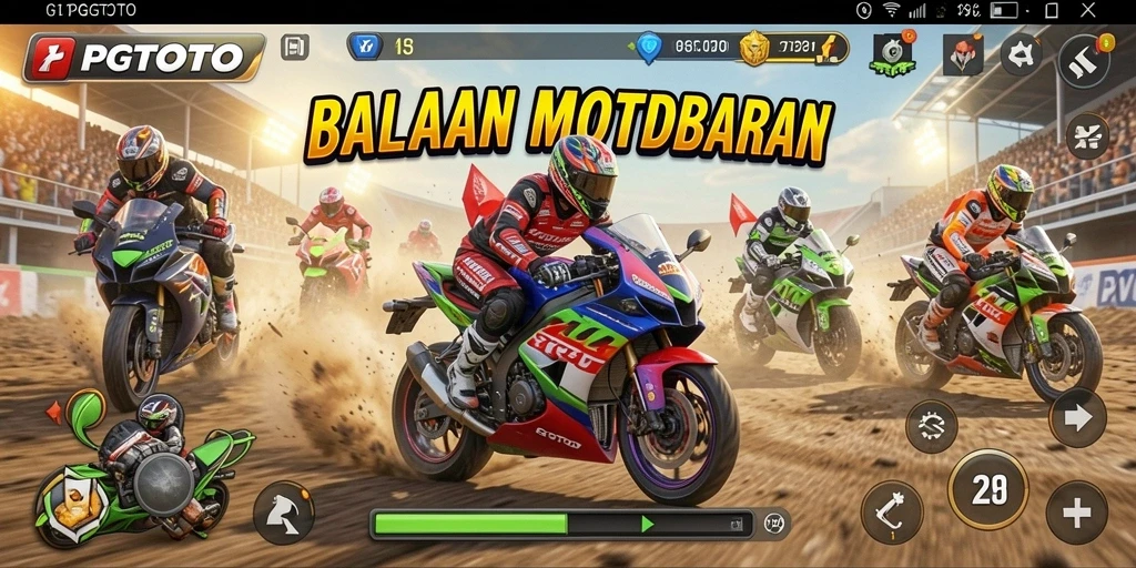 Screenshot PGTOTO menampilkan aksi balapan motor yang mendebarkan di trek yang berliku.