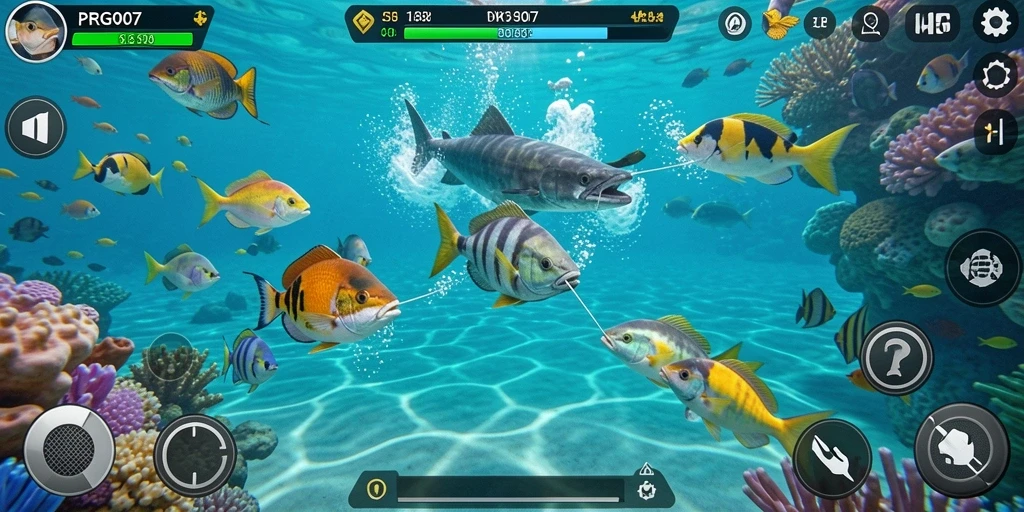Screenshot gameplay PRG007 dengan aksi menangkap ikan.