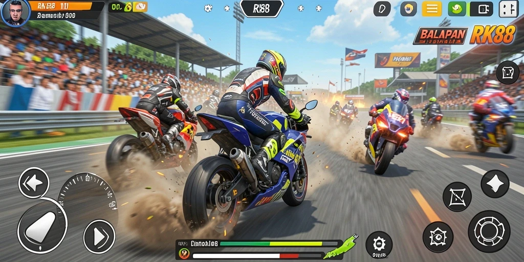 Screenshot menampilkan aksi balapan motor yang seru dan mendebarkan.