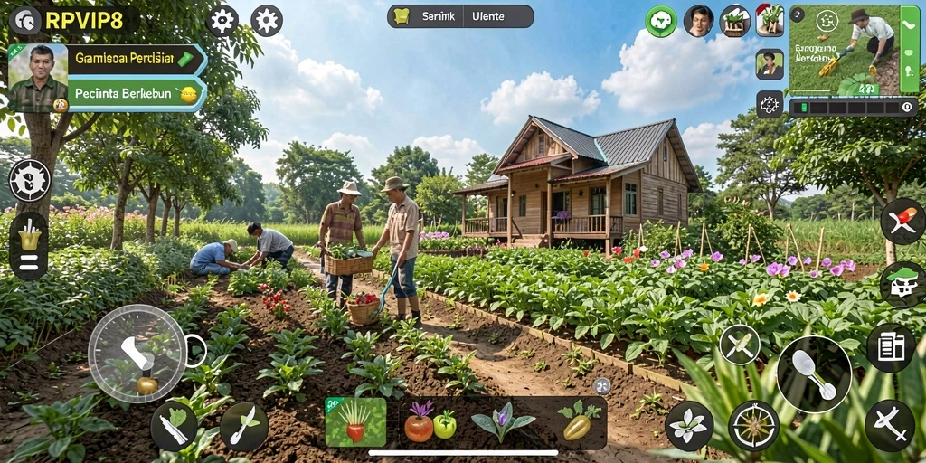 Tampilan gameplay RPVIP8 yang menampilkan kebun yang subur dan tanaman beragam.