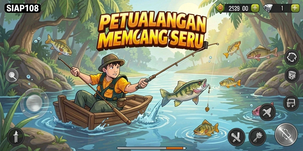 Screenshot gameplay SIAP108 yang menampilkan aksi memancing yang mendebarkan.