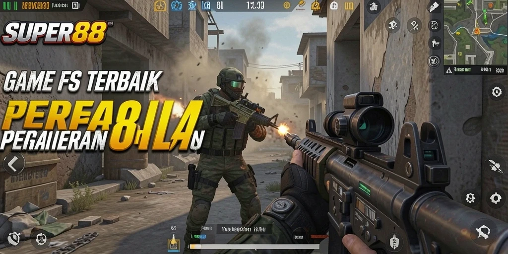Screenshot utama SUPER88 menunjukkan aksi intens di arena FPS.