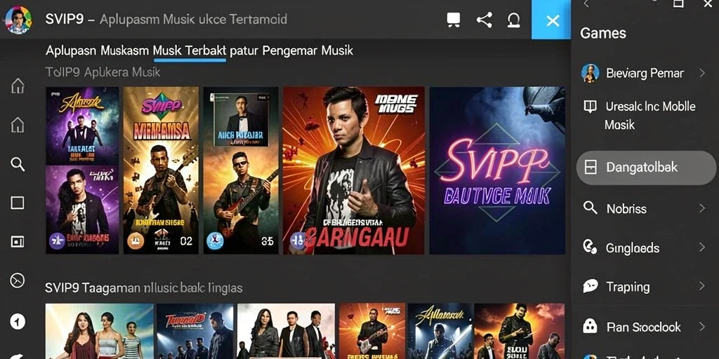 Tampilan utama SVIP9 yang menampilkan berbagai lagu dan fitur menarik.