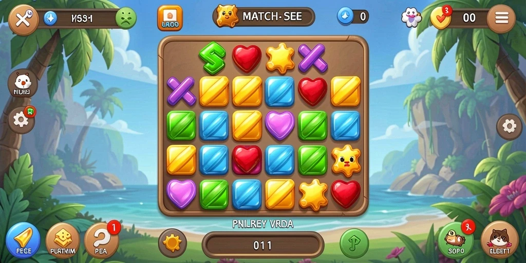Screenshot gameplay V21 menunjukkan aksi mencocokkan elemen warna-warni yang menantang.