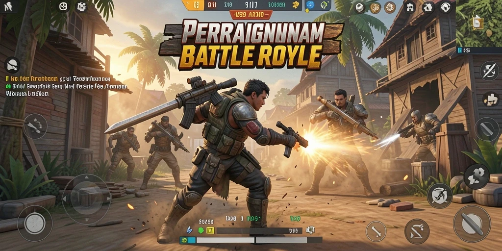Screenshot menampilkan aksi seru dalam pertempuran Battle Royale.